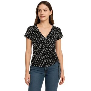 LOVE WINS Black White Floral Blouse Ruched Short Sleeve‎ Top Womens Medium
